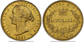 Victoria gold Sovereign 1865/4-SYDNEY AU50 NGC, Sydney mint, KM4, Marsh-370A (R6). A very rare overdate. Just one XF45 appears on PCGS census, renderi...