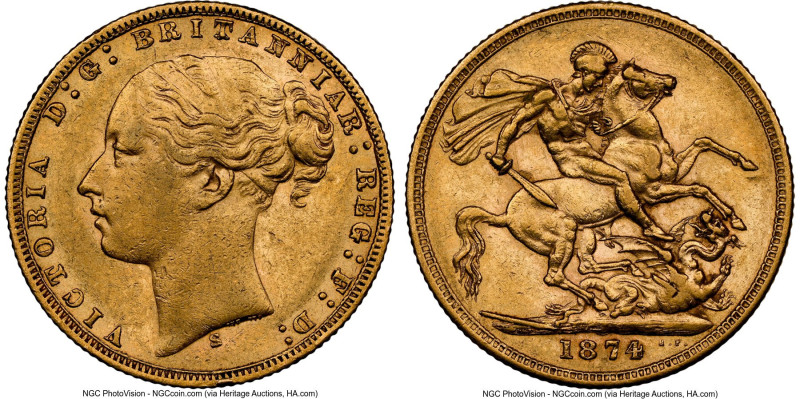 Victoria gold "St. George" Sovereign 1874-S AU55 NGC, Sydney mint, KM7, S-3858A....