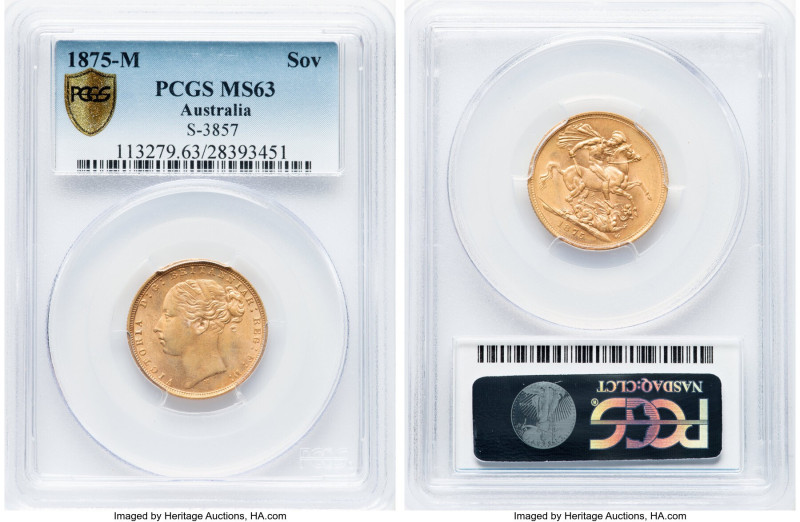 Victoria gold "St. George" Sovereign 1875-M MS63 PCGS, Melbourne mint, KM7, S-38...