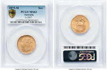 Victoria gold "St. George" Sovereign 1875-M MS63 PCGS, Melbourne mint, KM7, S-3857. Presenting gentle luster and pastel hues with underlying luminosit...