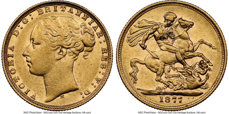 Victoria gold "St. George" Sovereign 1877-M AU55 NGC, Melbourne mint, KM7, S-385...
