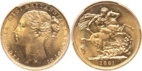 Victoria gold "St. George" Sovereign 1881-M MS64 PCGS, Melbourne mint, KM7, S-3857. Horse with long tail, BP in exergue. This particular issue is know...