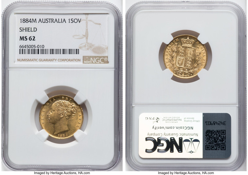 Victoria gold "Shield" Sovereign 1884-M MS62 NGC, Melbourne mint, KM6, S-3854A. ...