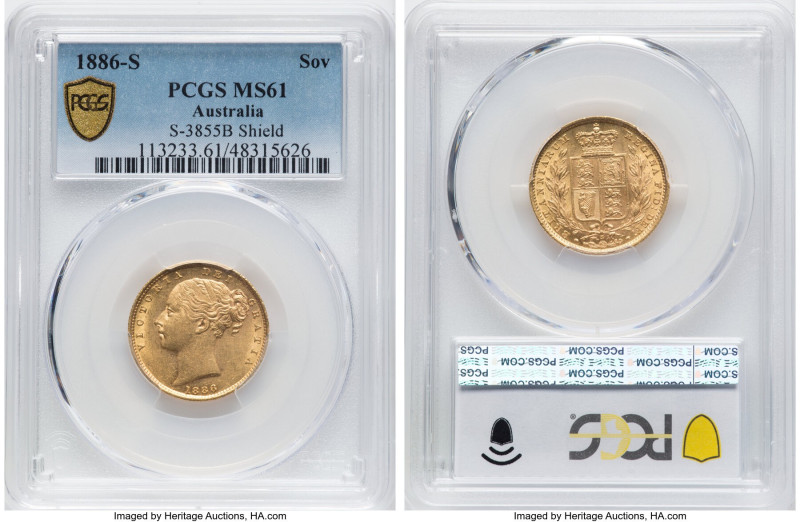 Victoria gold "Shield" Sovereign 1886-S MS61 PCGS, Sydney mint, KM6, S-3855B. An...