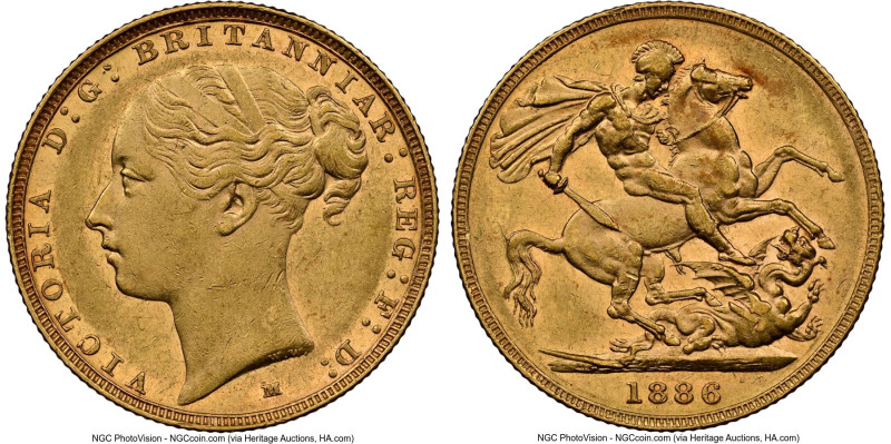 Victoria gold "St. George" Sovereign 1886-M AU55 NGC, Melbourne mint, KM7, S-385...