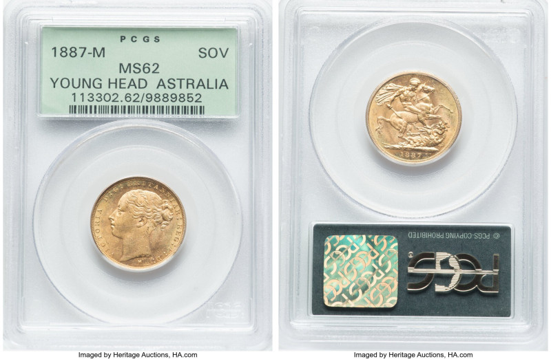 Victoria gold "Young Head/St. George" Sovereign 1887-M MS62 PCGS, Melbourne mint...