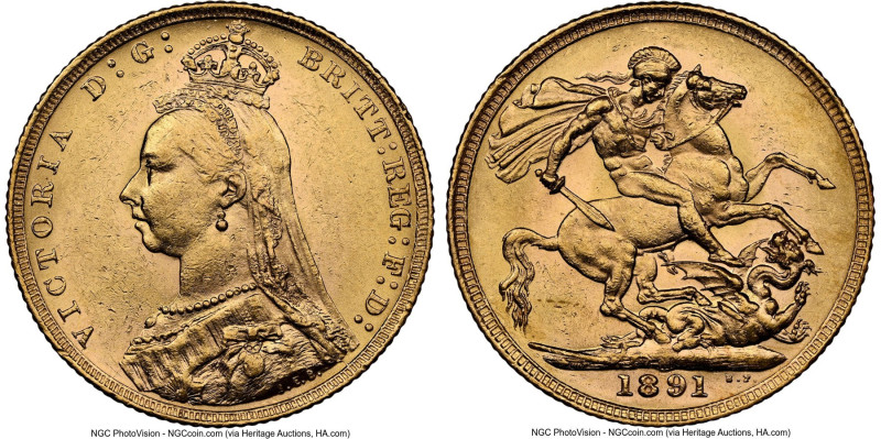 Victoria gold Sovereign 1891-M AU58 NGC, Melbourne mint, KM10, S-3867B. HID09801...