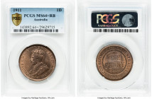 George V Penny 1911-(L) MS64+ Red and Brown PCGS, KM23. An appreciable selection on the very cusp of Gem, showcasing considerable luster at the tilt o...