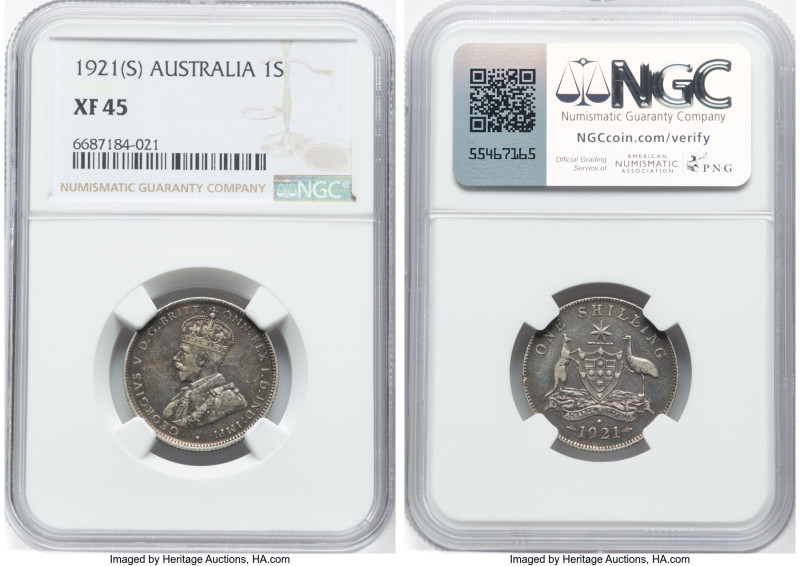 George V Shilling 1921-(S) XF45 NGC, Sydney mint, KM26. Sydney mint without mint...