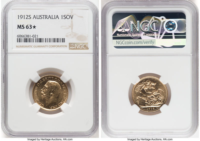 George V gold Sovereign 1912-S MS63 S NGC, Sydney mint, KM29, S-4003. A glisteni...