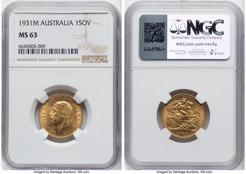 George V gold Sovereign 1931-M MS63 NGC, Melbourne mint, KM32, S-4000. A handsom...