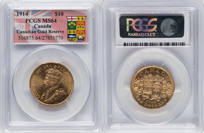 George V gold 10 Dollars 1914 MS64 PCGS, Ottawa mint, KM27, Fr-3. Canadian Gold ...