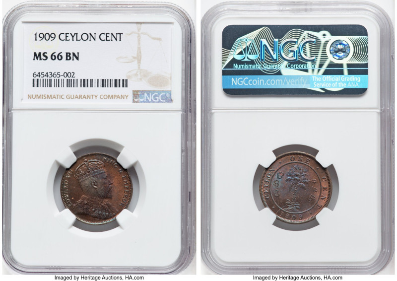 British Colony. Edward VII Cent 1909 MS66 Brown NGC, Calcutta mint, KM102. Sapph...