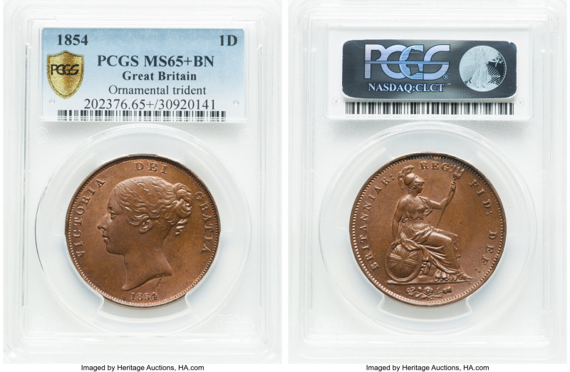 Victoria Penny 1854 MS65+ Brown PCGS, KM739, S-3948. Ornamental trident variety....