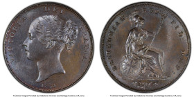Victoria "Ornamental Trident" Penny 1854 MS62 Brown PCGS, KM739, S-3948. Ornamental trident variety. Attractive underlying blueberry patina graces the...