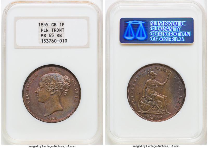 Victoria Penny 1855 MS65 Red and Brown NGC, KM739, S-3948. Plain trident variety...