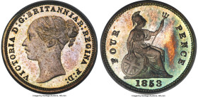 Victoria Proof 4 Pence (Groat) 1853 PR65 PCGS, cf. KM731.1 (unlisted in Proof), S-3913. Reeded edge. A date that stands out as exceedingly rare in Pro...