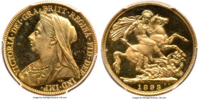 Victoria gold Proof Sovereign 1893 PR64 Deep Cameo PCGS, KM785, S-3874. The fields exhibit a warm amber tone and profound, pooling reflectivity, while...