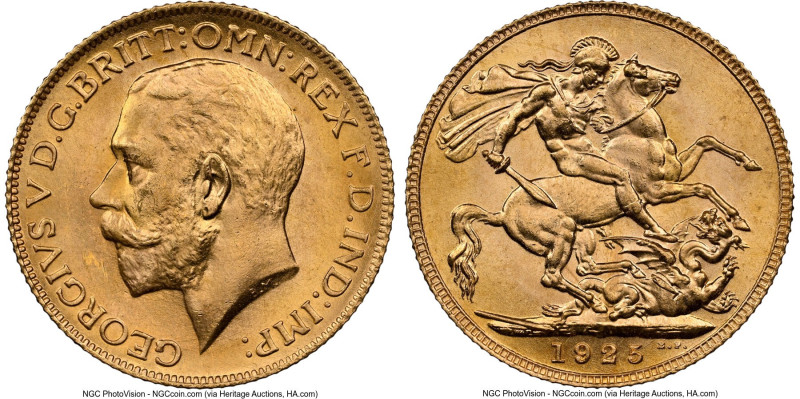 George V gold Sovereign 1925 MS65+ NGC, London mint, KM820, S-3996. Pleasing lus...