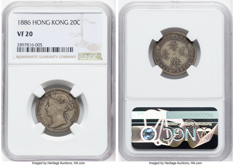 British Colony. Victoria 20 Cents 1886 VF20 NGC, KM7. High 6 variety. HID0980124...