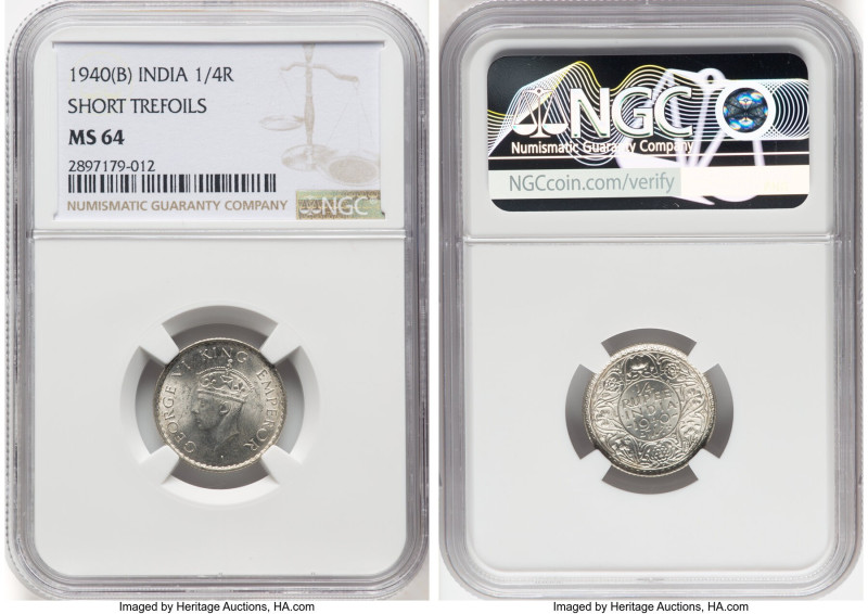 British India. George VI 1/4 Rupee 1940-(b) MS64 NGC, KM545. Short trefoils vari...