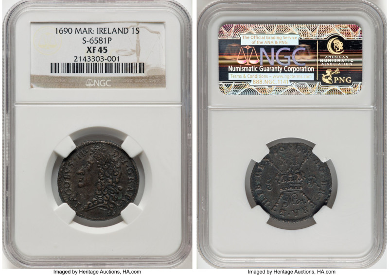 James II Gunmoney Shilling 1690 March XF45 NGC, KM100, S-6581P. From the Charles...