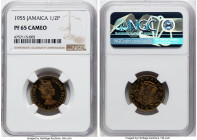 British Colony. Elizabeth II Proof 1/2 Penny 1955 PR65 Cameo NGC, KM36. A very scarce Proof of Record, carrying fierce sun-gold patina to the Gem fiel...