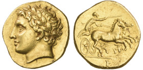 Sicily, Syracuse, Agathokles (317-289 BC), gold 50 litrai, c. 290 BC, laureate head of Apollo right, rev., fast biga driven right with charioteer exte...