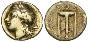 Sicily, Syracuse, Agathokles (317-289), electrum 25 litrai, laureate head of Apollo left; lamp behind head, rev., tripod, 3.47g (Jenkins O12/R16-18), ...