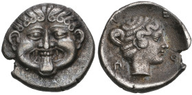 Macedonia, Neapolis, hemidrachm, 4th cent. BC, Gorgon head facing, rev., ΝΕΠΟ, head of nymph right, 1.74g (SNG Berry 42; SNG Copenhagen 227), toned, g...