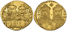 Leo IV the Khazar (775-780), solidus, Constantinople, seated figures of Leo IV and Constantine VI wearing chlamys, rev., facing busts of Leo III and C...