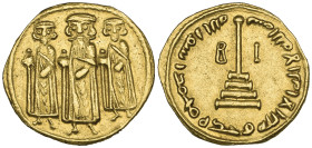 Umayyad, 'Abd al-Malik bin Marwan (65-86h; AD 685-705), Arab-Byzantine solidus, circa 72-74h, the Byzantine emperor Heraclius flanked by his sons Hera...