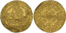 Edward III, Fourth Coinage, Treaty Series (1363-69), noble, Calais mint, with saltire before EDWARD, no flag at stern of ship, rev., C in centre, 7.22...