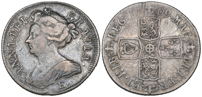 Anne, shilling, 1709 E ê, fifth (Edinburgh) bust (Bull 1444; E.S.C. 1153; S. 361...