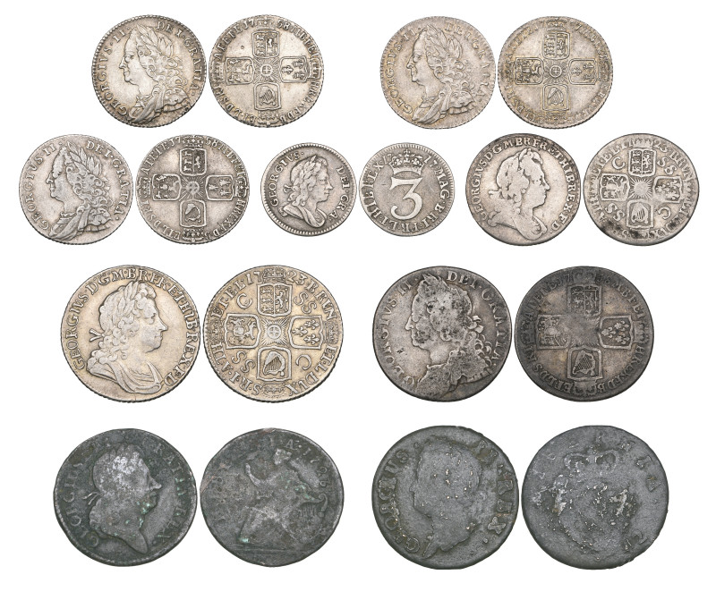 George I – George II, shillings (2), 1723 SSC, C over SS first bust, 1758, sixpe...