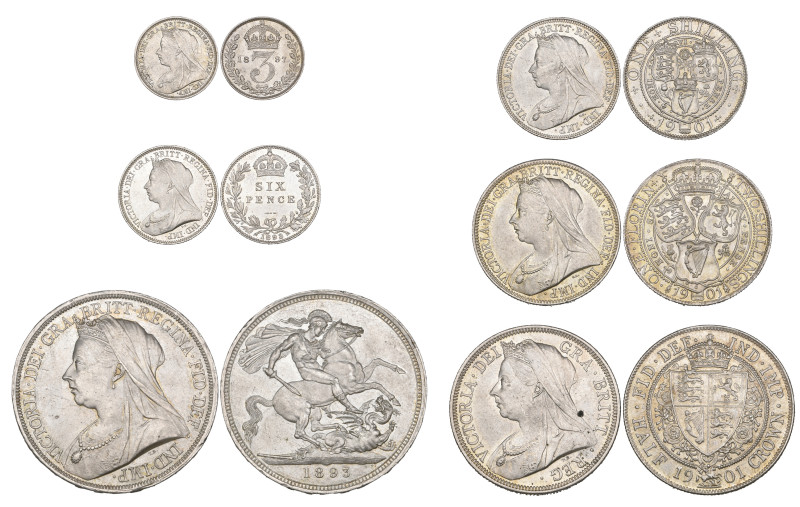 Victoria, old head, crown, 1893 LVI, halfcrown, 1901, florin, 1901, shilling, 19...