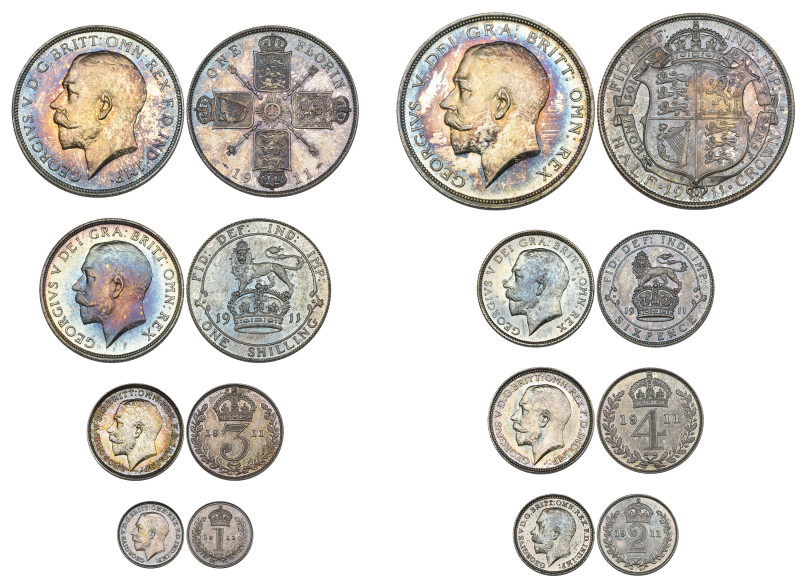 George V, Coronation, 1911, proof set of 8 silver coins, comprising halfcrown, f...