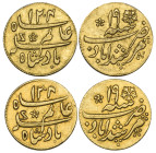 India, Bengal Presidency, Second milled issue, Calcutta mint, quarter-mohurs (2), both in the name of Shah Alam II, with frozen date AH 1204, regnal y...