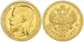 Russia, Nicholas II (1894-1917), 15 roubles, 1897, broad rim, last two letters of obverse legend beneath truncation of bust (F. 177), scraped on Tsar’...