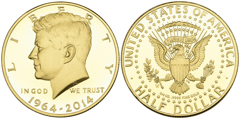 U.S.A., gold proof Kennedy half-dollar, 2014 W, commemorating the 50th anniversa...