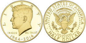 U.S.A., gold proof Kennedy half-dollar, 2014 W, commemorating the 50th anniversary of the first issue in 1964, .75 tr. oz., .999 fine, mint state, in ...