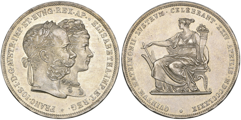 Austria, Franz Joseph (1848-1916), Silver Wedding, 2 gulden, 1879, conjoined bus...