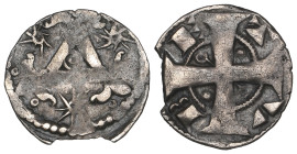 Flanders, Béthune, kleine denarius, c. 1191, triangle with lis on points, three outer stars, rev., b-e-t-v, long cross with pellet and annulet in alte...