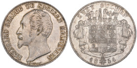 Germany, Saxe-Meiningen, Bernhard II (1803-1866), 2 gulden, 1854, Munich (Dav. 837; KM 166), extremely fine or better, lightly toned

Estimate: 200-...