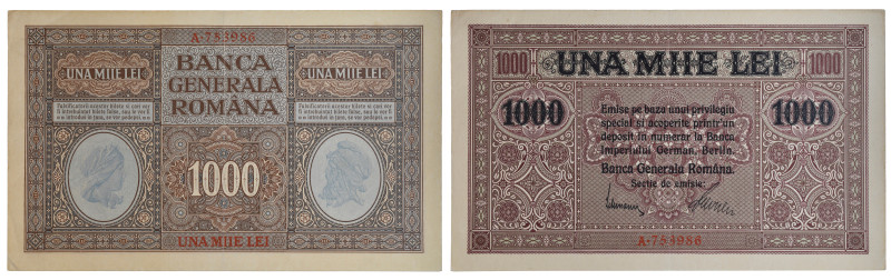 Romania, German occupation WWI, 1000 lei, ND 1917, serial no. A-753986, brown an...