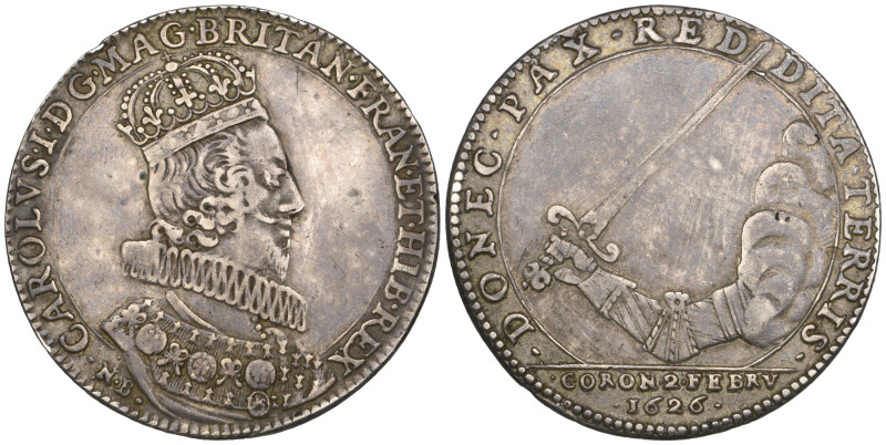 Charles I, Coronation, 1627, silver medal, by Nicholas Briot, crowned bust right...