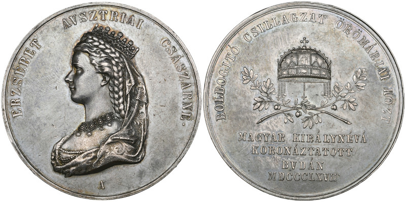 Hungary, Franz Joseph, Coronation of Empress Elisabeth at Buda, 1867, silver med...