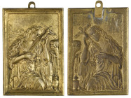 Netherlandish (c. 1600), The Penitent Magdalene, bronze-gilt plaquette, Mary Magdalene bowing her head to a crucifix held in her hands; on the right, ...