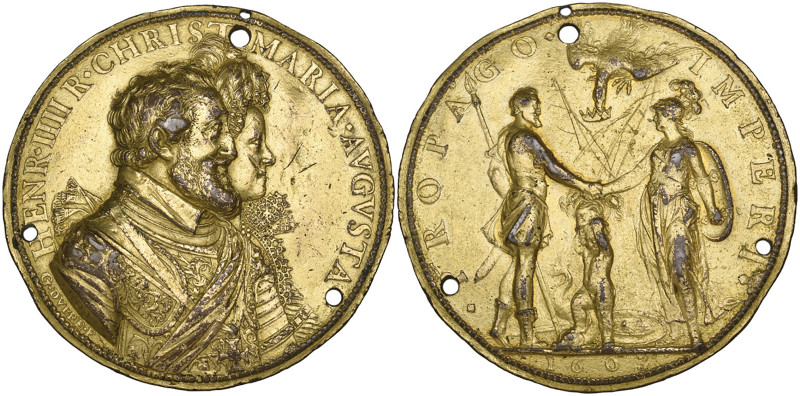 France, Henri IV, Marie de Medici and the Dauphin, 1603, bronze-gilt medal, by G...