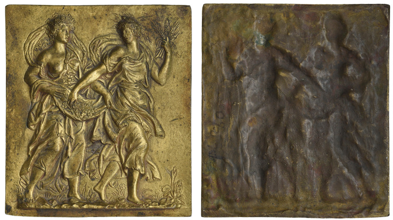 German School (circa 1600), “Spring and Summer”, uniface rectangular bronze-gilt...